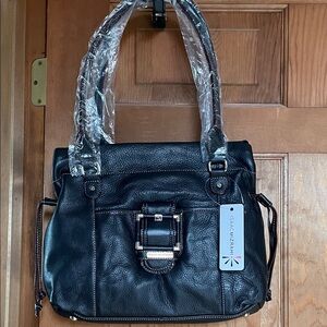 Isaac Mizrahi Black Pebble Leather Satchel with Buckle Detail